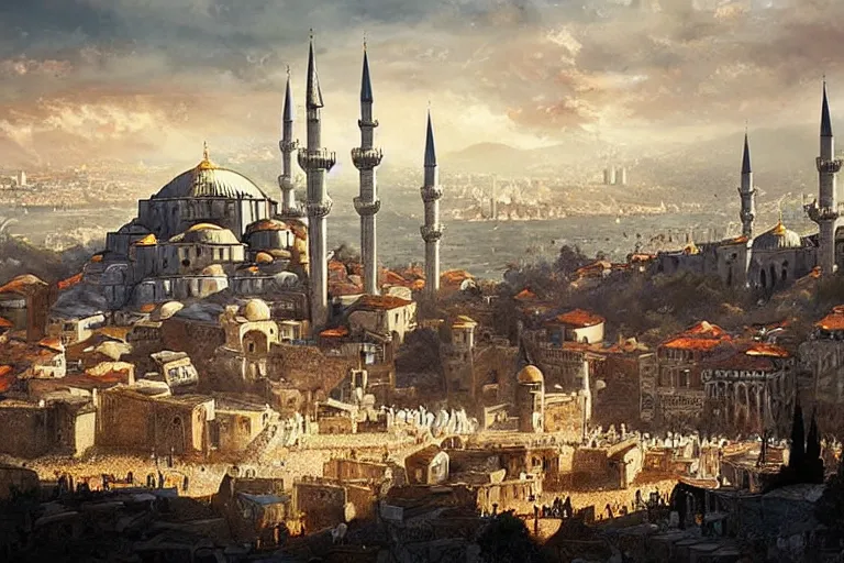 Prompt: medieval istanbul with ottoman people, scenery landscape, lord of the rings,, rule of thirds, highly detailed, perfect lighting, perfect composition, 4 k, artgerm, derek zabrocki, greg rutkowski