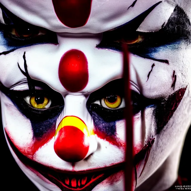 Image similar to photo of a beautiful creepy female killer clown, highly detailed, 8 k, hdr, close up, smooth, sharp focus, high resolution, award - winning photo