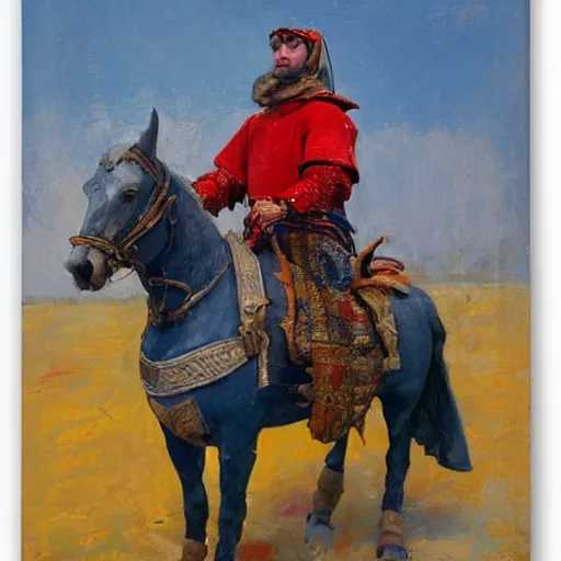 Image similar to portrait of man wearing chinmail and gambeson over colorful cloth on horseback, holding jousting lance, horse is wearing caparisons, medieval by greg manchess, bernie fuchs, walter everett, lost edges