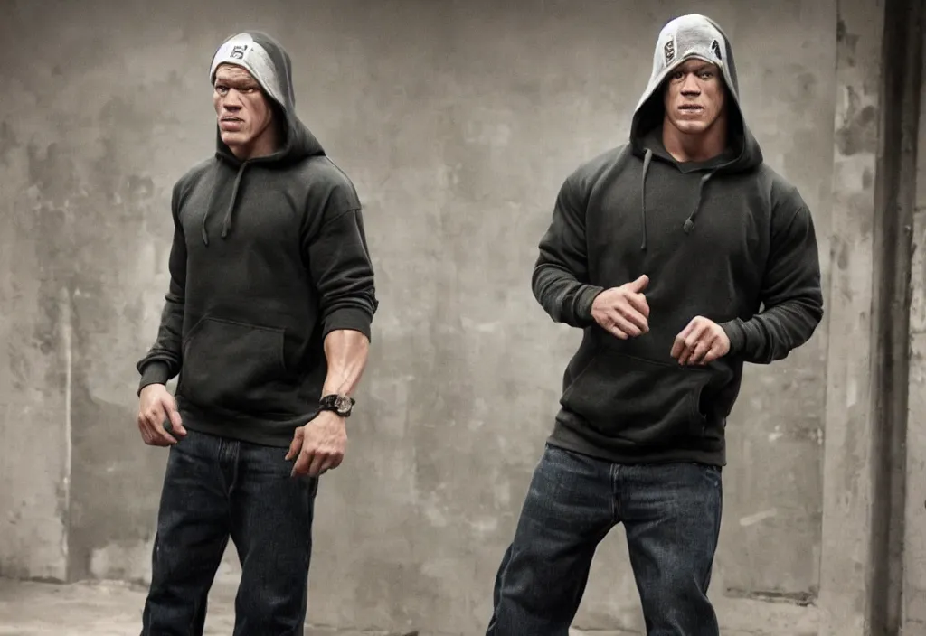 Image similar to john cena in a hoodie portraying marshall mathers in 8 mile.