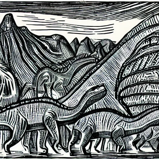 Image similar to dinosaurs by Edward Bawden, linocut