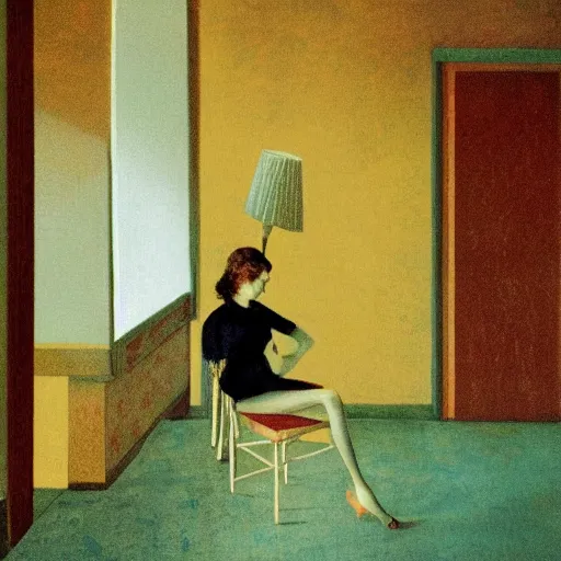 Image similar to a lonely girl in a liminal hotel room, baroque wallpaper, film still by david lynch, depicted by balthus, limited color palette, very intricate, art nouveau, highly detailed, lights by hopper, soft pastel colors, minimalist