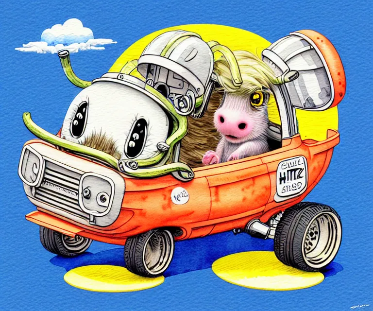 Prompt: cute and funny, mangalitsa wearing a helmet driving a tiny hot rod with an oversized engine, ratfink style by ed roth, centered award winning watercolor pen illustration, isometric illustration by chihiro iwasaki, edited by craola, tiny details by artgerm and watercolor girl, symmetrically isometrically centered