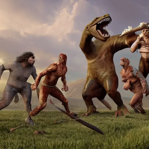 Image similar to A large dinosaur! fighting with several realistic detailed cavemen with proportioned bodies, next to the dinosaur are cavemen, the cavemen are armed with spears, the caveman are in a fighting stance, the cavemen are wearing animal furs, one caveman is stabbing the dinosaur with his spear, one caveman is cowering in fear, coarse canvas, visible brushstrokes, intricate, extremely detailed painting by William Turner (and by Greg Rutkowski)