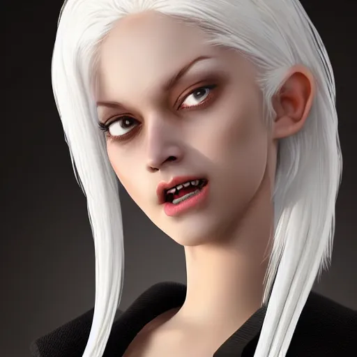 Image similar to Young woman, white hair, black eyes, sharp teeth, pointy ears, pale skin, trending on artstation