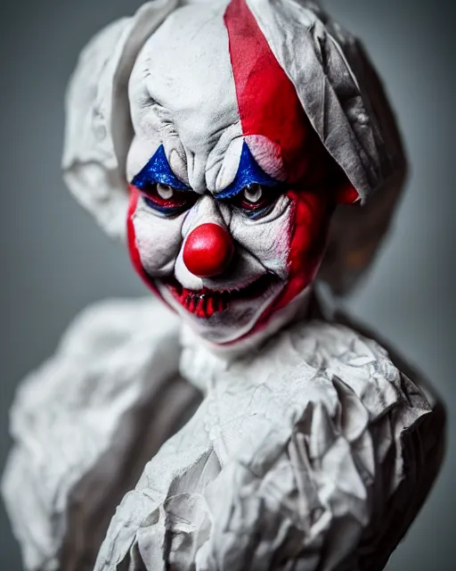 Image similar to a creepy paper mache doll of a scary clown, realistic, very detailed, complex, intricate, studio lighting, bokeh, sigma 5 0 mm f 1. 4