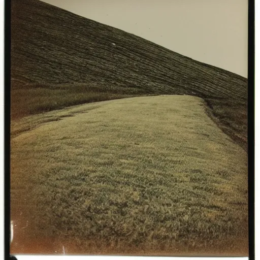 Prompt: polaroid photo of a empty steep grass hill, flash photography, at night, uncanny photo, colored photograph