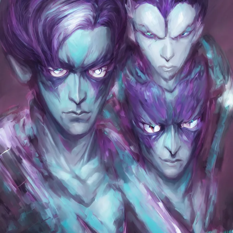 Image similar to Handsome purple and Teal skinned Tiefling, striking azure eyes, black hair, Yoshitaka Amano, digital art