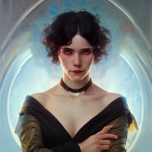 Prompt: Portrait of jovial female wizard, D&D, red eyes, face, short black hair, fantasy, intricate, elegant, highly detailed, digital painting, artstation, concept art, smooth, sharp focus, illustration, art by artgerm and greg rutkowski and alphonse mucha