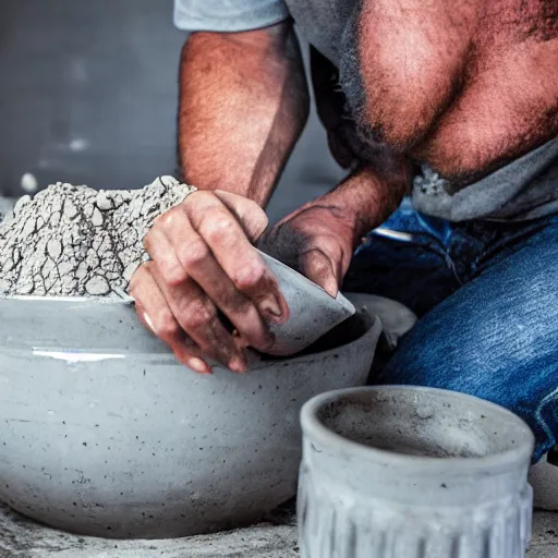 Prompt: realistic cement truck driver eating a bowl of wet cement, magazine photo