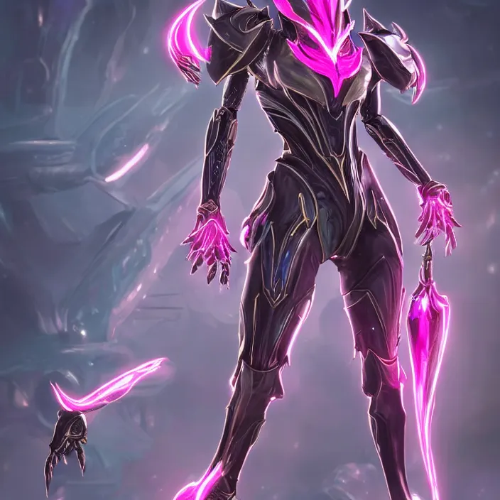 Image similar to highly detailed exquisite fanart, of a stunning beautiful female warframe, but as an anthropomorphic robot dragon, standing elegantly, shining reflective off-white plated armor, bright Fuchsia skin, sharp claws, full body shot, epic cinematic shot, realistic, professional digital art, high end digital art, DeviantArt, artstation, Furaffinity, 8k HD render, epic lighting, depth of field