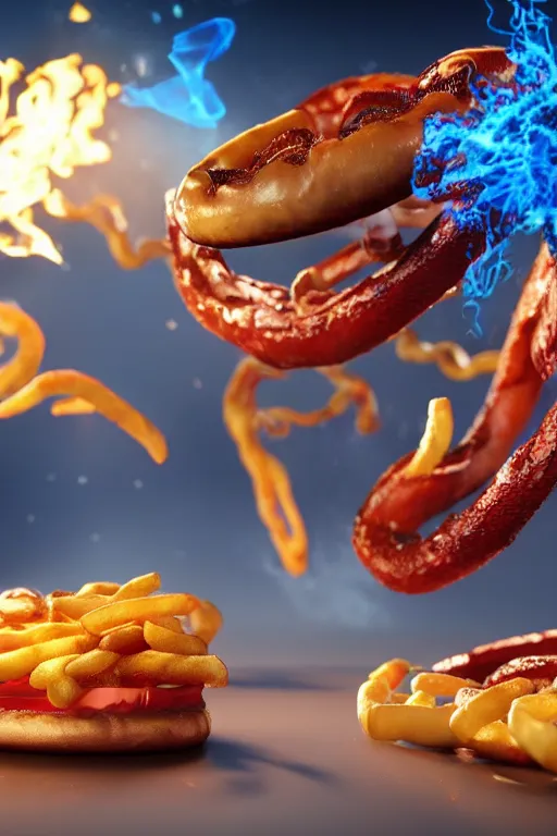 Prompt: a mc donalds commercial with a 3d snake spitting blue fire which is revealing realistic fries, commercial, 3d render, Mc donalds, 4k, sharp, by Beeple, Octane Render, cinema 4d