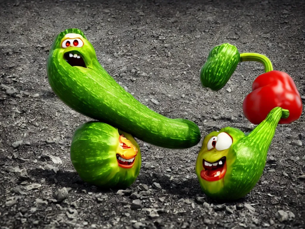 Prompt: highly detailed 3 d render of a raging zucchini character, burning scissors, running down a dirt road, scared tomates scattered everywhere, high speed action, explosions, dramatic scene, hyper realistic octane render, cinematic lighting, tomato splatter, deviantart, black sky, lowbrow, surrealism, pixar influenced, mayhem