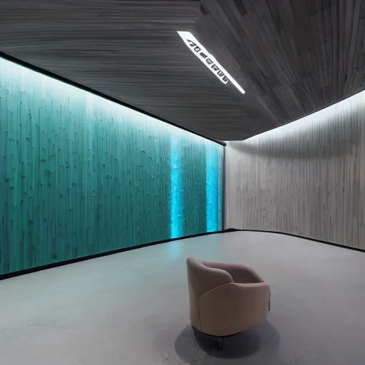 Prompt: interior photography of a futuristic luxurious Microsoft Samsung flagship store, black walls, wood, cyan accents, polished concrete, spotlights, verdant plant wall, white neon wash, award winning interior design, patterns and textures, retaildesignblog, dezeen, 14mm, 8k, cinestill, pentax, film