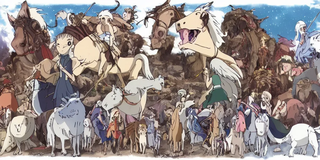 Prompt: war, horses, knights, king, a magical palace on a mountain, a white dragon spirit flying in the sky, miyazaki's animated film, ghibli studio, spirited away, princess mononoke,