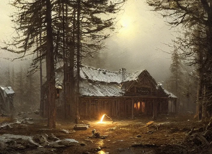 Image similar to A hooded figure carrying a torch approaches an abandoned tavern on a moonlit night, Ivan Shishkin and Greg Rutkowski