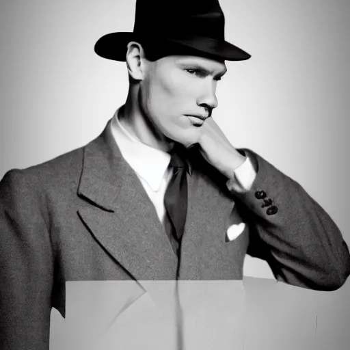 Image similar to A photograph portrait of Jerma985 wearing a suit with and fedora in the 1940s, taken in the early 1940s, grainy, taken on a 940s Kodak Camera, realistic, hyperrealistic, very realistic, highly detailed, very detailed, extremely detailed, detailed, digital art, trending on artstation