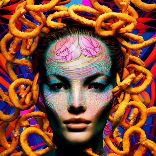 Image similar to the head of a ridiculously beautiful and pretty woman partially made of onion rings of all colors looking up, an ultrafine detailed illustration by james jean, final fantasy, intricate linework, bright colors, behance contest winner, vanitas, angular, altermodern, unreal engine 5 highly rendered, global illumination, radiant light, detailed and intricate environment