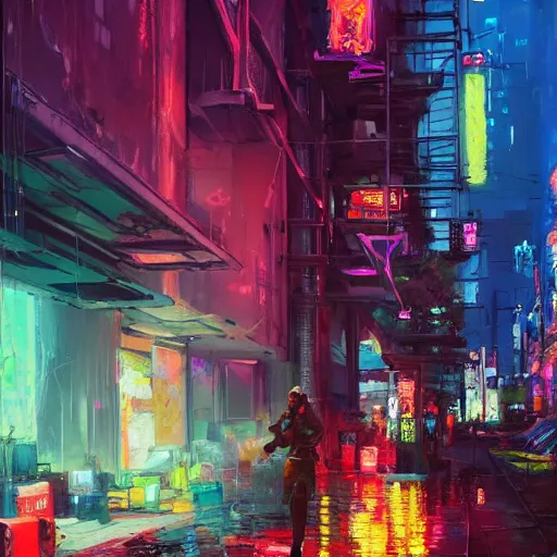 Image similar to acrylic painting, impressionism and expressionism, strong emotional impact, bold pastel colors, expressive brushstrokes, overall sense of movement in the composition. a cyberpunk streetscape lined with beautiful flowers, by liam wong and tyler edlin, trending on artstation