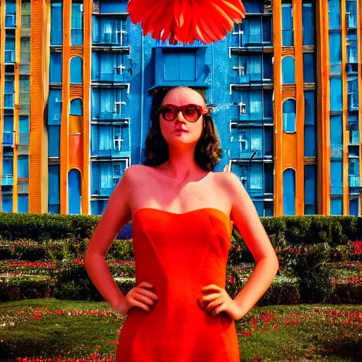 Image similar to giant flower head, frontal, girl standing in mid century hotel, surreal, symmetry, bright colors, cinematic, wes anderson