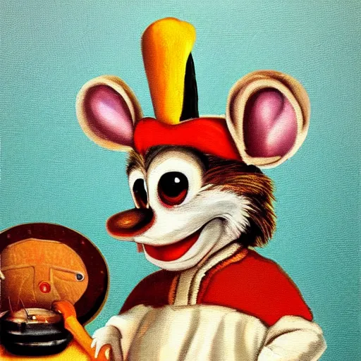 Prompt: realistic painting of chuck e. cheese, in the style of johannes vermeer