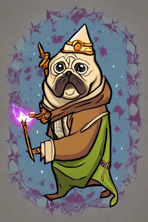 Image similar to Portrait of a pug that is a wizard casting a spell , wizard, medieval, sticker, colorful, casting epic spell, magic the gathering artwork, D&D, fantasy, artstation, heroic pose, illustration, highly detailed, simple, smooth and clean vector curves, no jagged lines, vector art, smooth