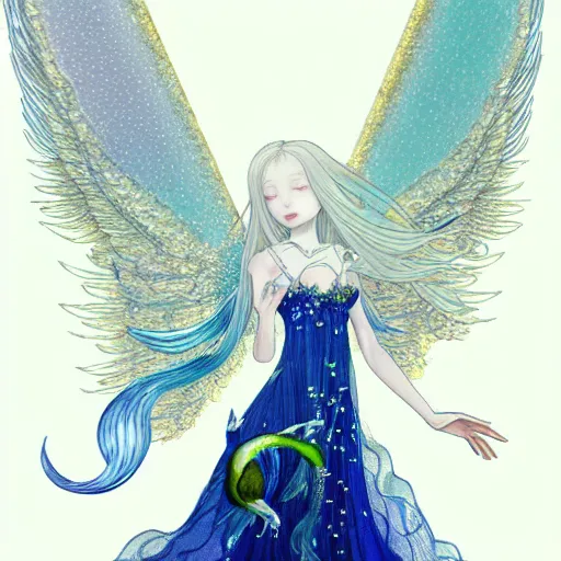 Image similar to anthropomorphic angel with betta fish dress, white and gold color palette, by Yoshitaka Amano, ethereal, dreamy, god rays