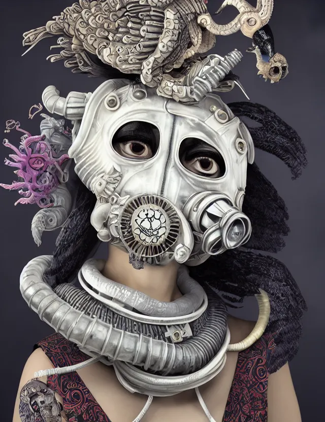 Image similar to 3 d goddess close - up profile punk portrait with vintage gas mask ram skull. beautiful intricately detailed japanese crow kitsune mask and clasical japanese kimono. betta fish, jellyfish phoenix, bio luminescent, plasma, ice, water, wind, creature, artwork by tooth wu and wlop and beeple and greg rutkowski