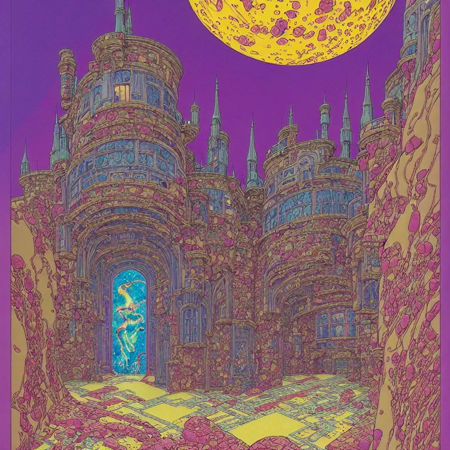 Image similar to ( ( ( ( inside of the huge castle, with decorative frame design ) ) ) ) by mœbius!!!!!!!!!!!!!!!!!!!!!!!!!!!, overdetailed art, colorful, artistic record jacket design