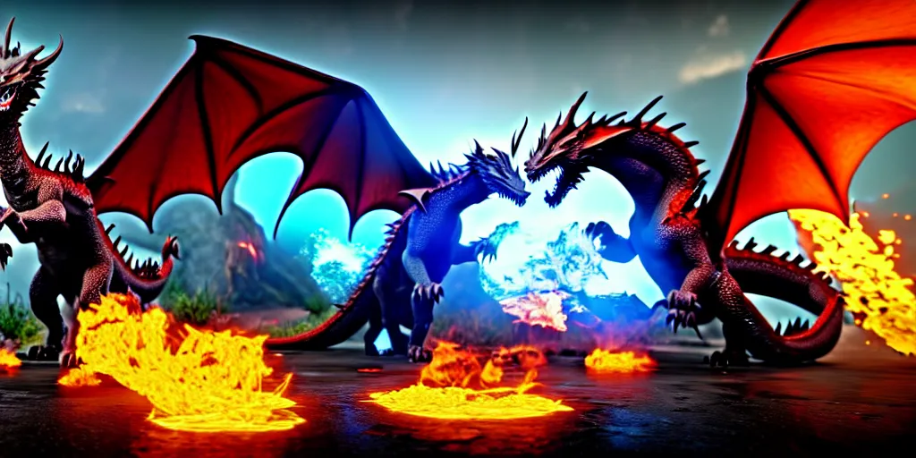 Prompt: all the elemental dragons meeting each other, photorealistic 3 d render, unreal engine, ultra detailed