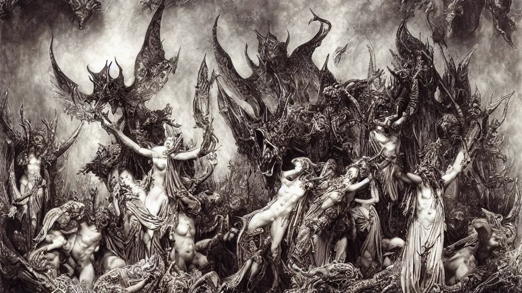 Image similar to satans fall from paradise into hell by gustave dore, james ryman, wayne barlowe, alphone mucha. beautiful color
