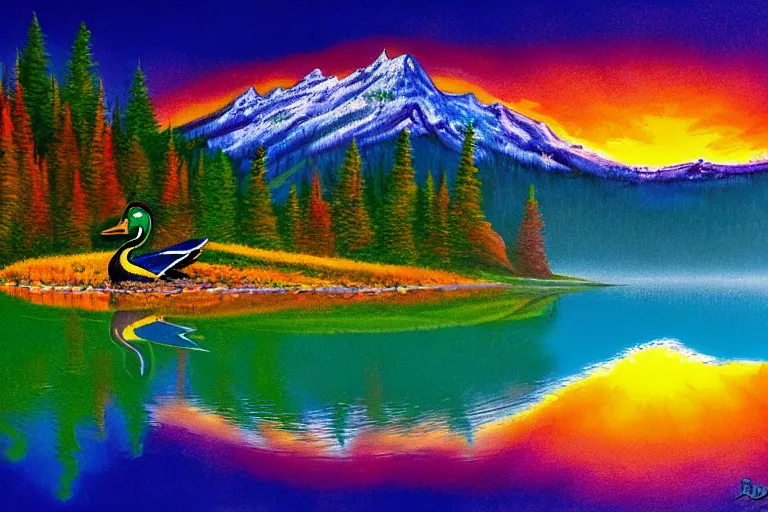 Image similar to a colorful fantasy mallard floating on an alpine lake in the mountains, cascadia, cabin, mountains, sunset by bob ross