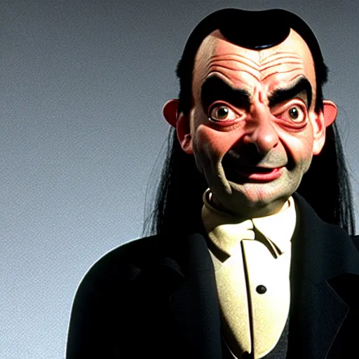 Image similar to mr. bean as wednesday from the adams family. movie still. cinematic lighting.