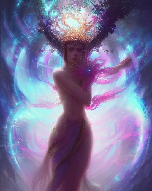 Image similar to Full View Portrait Mystical ethereal disco deity, disco ball Dryad of epic legend, 4k digital masterpiece by Greg Rutkowski and Ruan Jia and rossdraws, Alberto Seveso, fantasycore, Hyperdetailed, realistic oil on linen, soft lighting, Iconography background, featured on Artstation