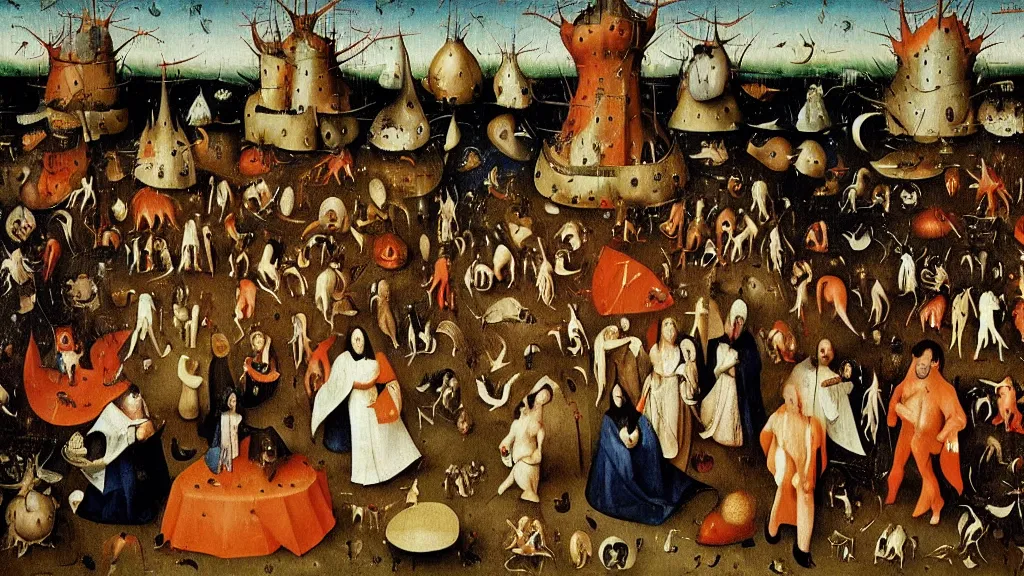 Prompt: a painting by “ hieronymus bosch ” of a closeup view of the cast of “ seinfeld ” being tormented and teased in “ the garden of earthly delights ” featuring kramer and george and newman and elaine and jerry. highly - detailed artwork.