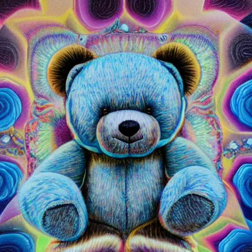 Prompt: intricate five star spectral teddy bear by casey weldon, oil on canvas, hdr, high detail, photo realistic, hyperrealism, matte finish, high contrast, 3 d depth, centered, masterpiece, vivid and vibrant colors, enhanced light effect, enhanced eye detail, artstationhd