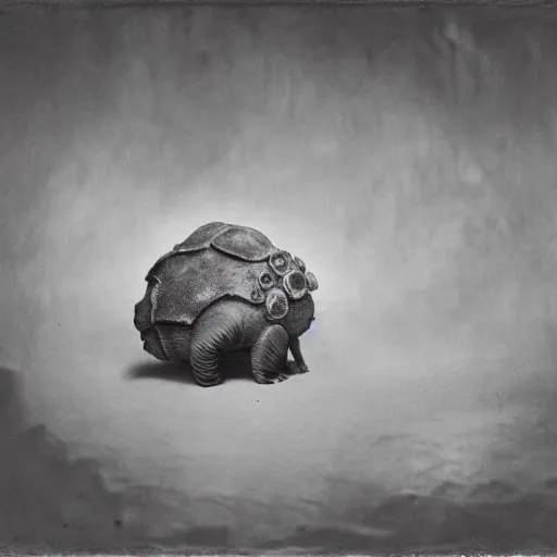 Image similar to tardigrade!!! daguerreotype portrait photograph. inspired by gerard grom and studio ghibli!!! and ansel adams and zdzislaw beksinski. highly detailed. old timey.