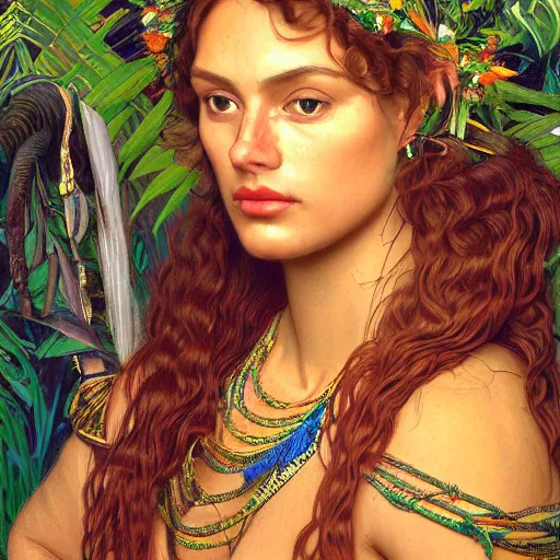 Prompt: face portrait of a beautiful alluring female aztec queen in a dense jungle at sunset, detailed, centered, digital painting, artstation, concept art, donato giancola, Dante Gabriel Rossetti, alphonse mucha, Joseph Farquharson, Joseph Christian Leyendecker, WLOP, Boris Vallejo, Breathtaking, 8k resolution, extremely detailed, beautiful, establishing shot, artistic, hyperrealistic, beautiful face, octane render