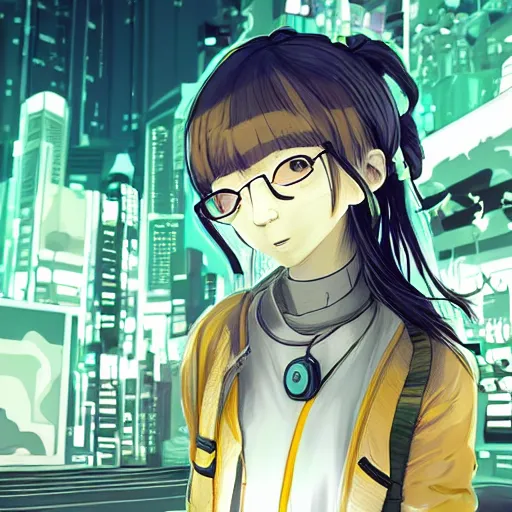 Image similar to Frequency indie album cover, luxury advertisement, yellow filter, white and gray colors. Clean and detailed post-cyberpunk sci-fi close-up schoolgirl in asian city in style of cytus and deemo, blue flame, relaxing, calm and mysterious vibes, by Tsutomu Nihei, by Yoshitoshi ABe, by Ilya Kuvshinov, by Greg Tocchini, nier:automata, set in half-life 2, Matrix, GITS, Blade Runner, Neotokyo Source, Syndicate(2012), dynamic composition, beautiful with eerie vibes, very inspirational, very stylish, with gradients, surrealistic, dystopia, postapocalyptic vibes, depth of field, mist, rich cinematic atmosphere, perfect digital art, mystical journey in strange world, beautiful dramatic dark moody tones and studio lighting, shadows, bastion game, arthouse