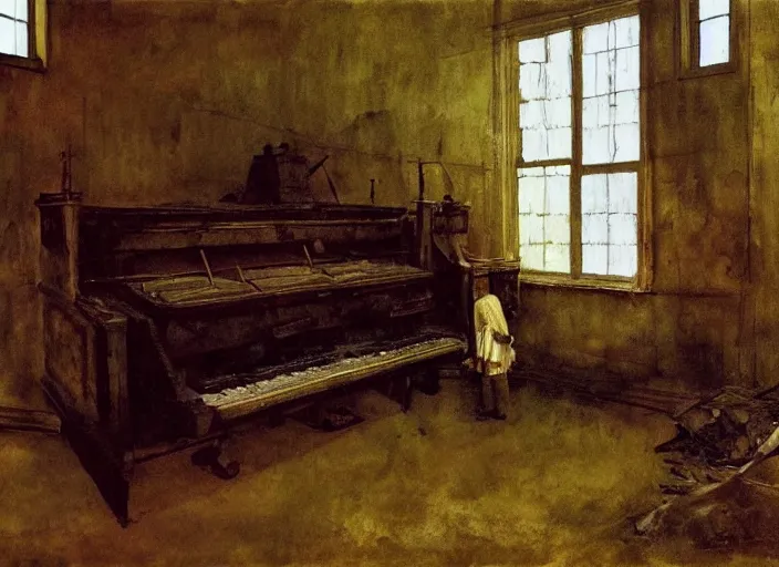 Image similar to battered dieselpunk pipe organ, painting by andrew wyeth, very detailed, somber mood,