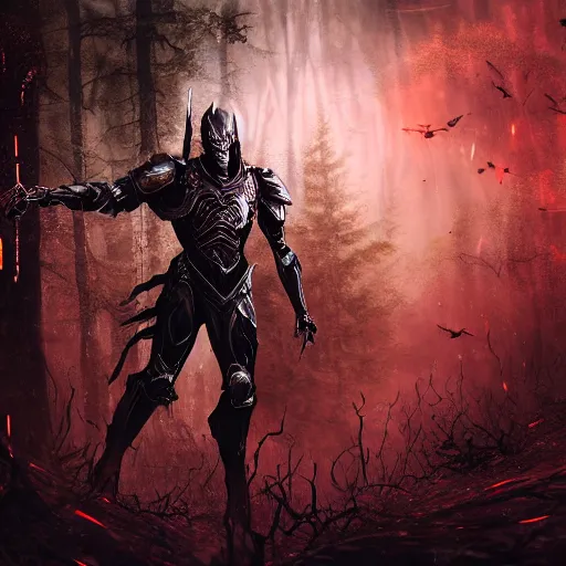 Prompt: extremely detailed depiction of an armored dark assassin warrior in a dark evil forest, glowing crimson head, crimson fire head, Sauron, Ultron, speedster, fantasy art, fog, heavy armor, knights armor, cinematic pose, 8k, villain, maximalist