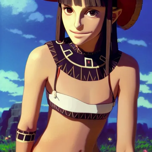 Image similar to beautiful boyish natalie portman alluring gravure model in majora's mask, wearing wooden mask and baseball cap and leotard, street wear with subtle mayan patterns, aztec bathing suit, gapmoe yandere grimdark, trending on pixiv fanbox, painted by greg rutkowski makoto shinkai takashi takeuchi studio ghibli, akihiko yoshida