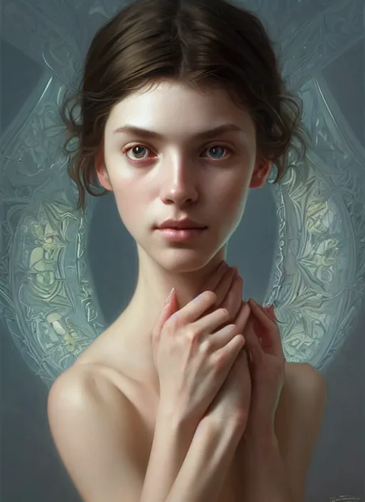 Image similar to symmetry!! portrait of young woman cursed with ever - increasing physical and mental perfection, slice - of - life, realism, perfect face!! intricate, elegant, highly detailed, digital painting, artstation, concept art, smooth, sharp focus, illustration, art by artgerm and greg rutkowski and alphonse mucha