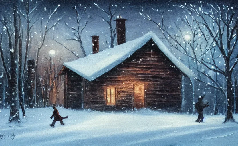 Image similar to snowy very dark night scene depicting a single wooden cabin surrounded by the woods with one bright window. a man running away from it leaving footprints in snow. oil painting.