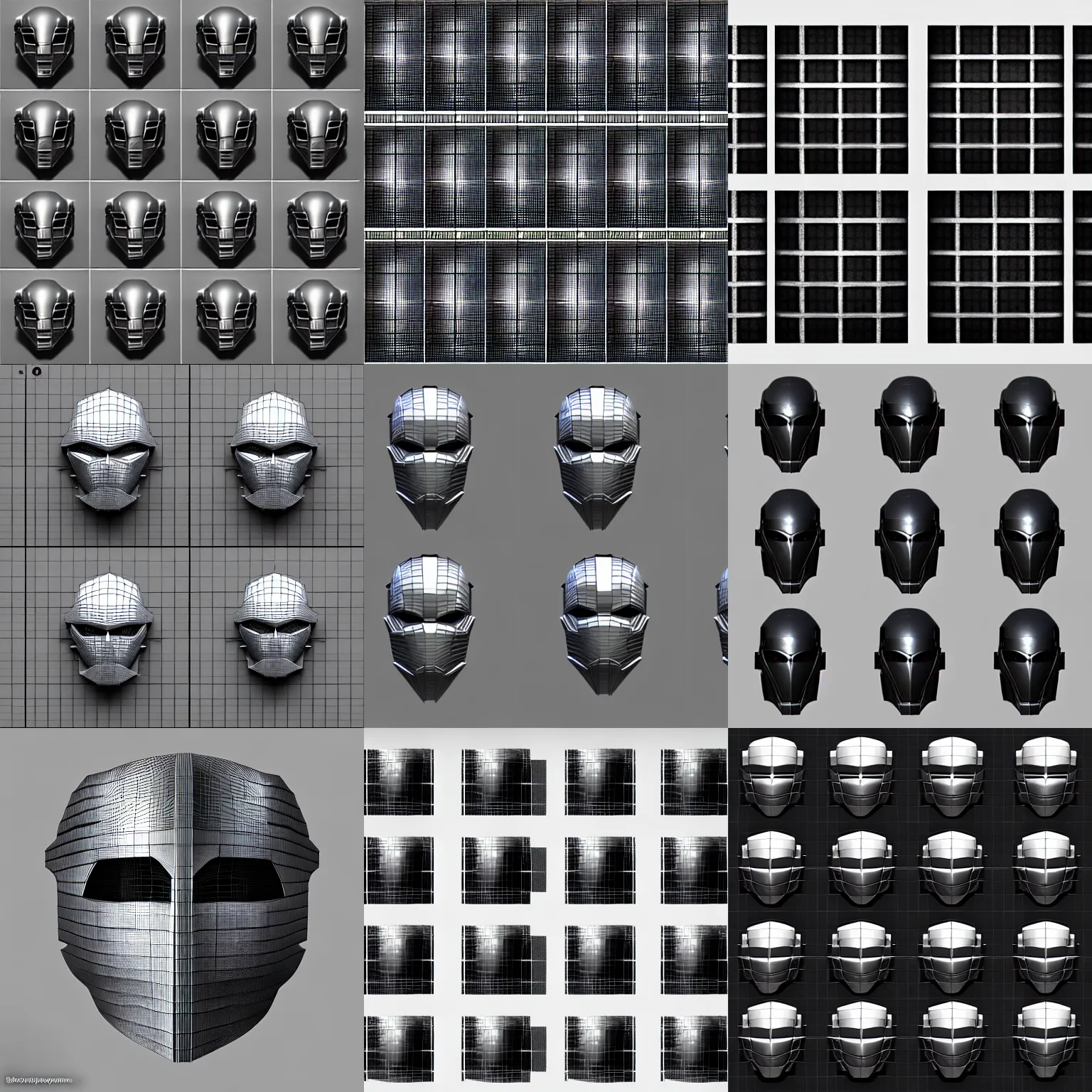 Prompt: a 5 x 5 grid of concept designs for a solid plate featureless metallic cylon mask, 3 d render, volumetric lighting, unreal engine, reflective material, intricate texture