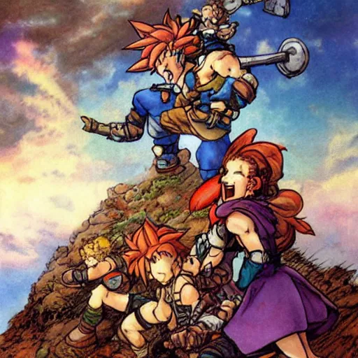 Image similar to crono stands atop a mountain of slain enemies as marle and ayla hug his legs, epic reimagining of chrono trigger by frank frazetta