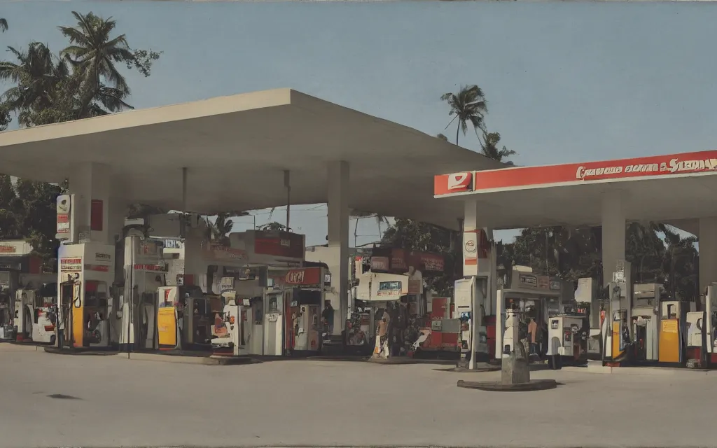 Image similar to ed ruscha standard gas station but in sri lanka with people queueing in front with cars and mopeds.