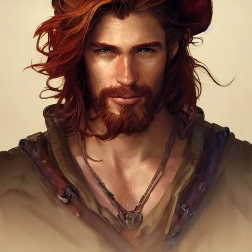 Image similar to portrait of a young ruggedly handsome but optimistic pirate, male, masculine, upper body, red hair, long hair, d & d, fantasy, intricate, elegant, highly detailed, digital painting, artstation, concept art, matte, sharp focus, illustration, art by artgerm and greg rutkowski and alphonse mucha