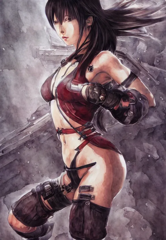 Image similar to tifa lockhart, watercolor painting, full - body, ukiyo - e, nouveau, concept art, 8 0's fantasy art, yoshitaka amano, highly detailed, intricate, trending on artstation, award - winning