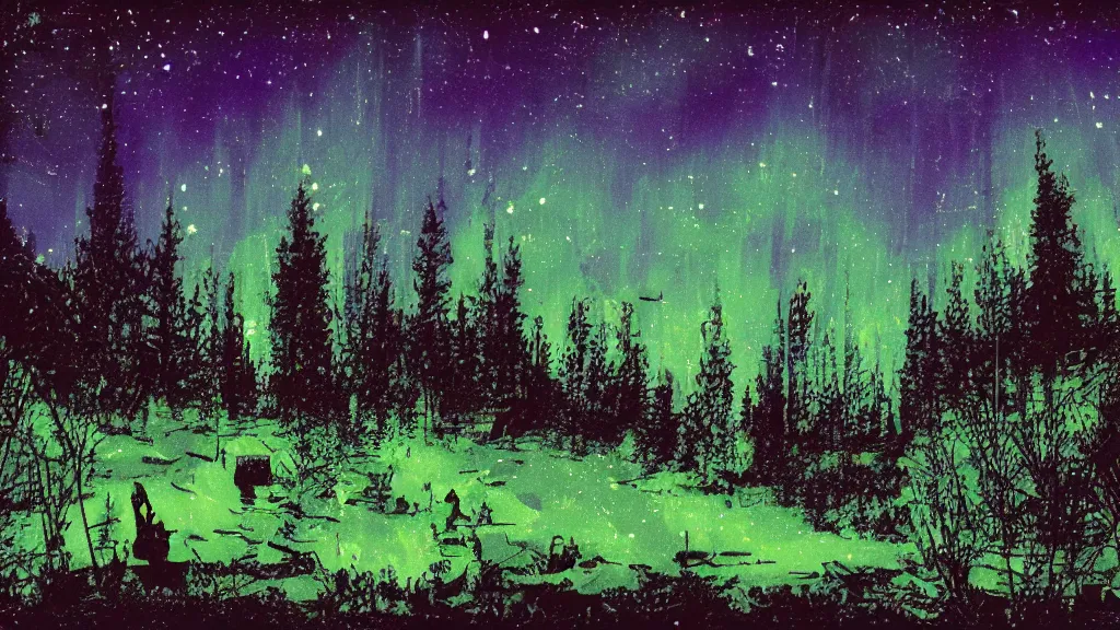 Prompt: a night sky, dark enclosed, winding hillside path!!!!!!, cozy, campfire, ((((aurora)))), quiet forest night scene, spangle, starlight 4k haunted psychedelic VHS glitch mixed media in the style of Hiroshi Yoshida and bill sienkiewicz